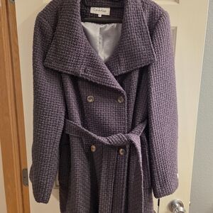 Women's Calvin Klein Gray Knit Tie Waist Button Down Pea Coat, Size XXL